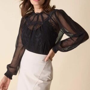 St Roche Flores Top Long Sleeve Lace Floral Embroidery in Black NWT!